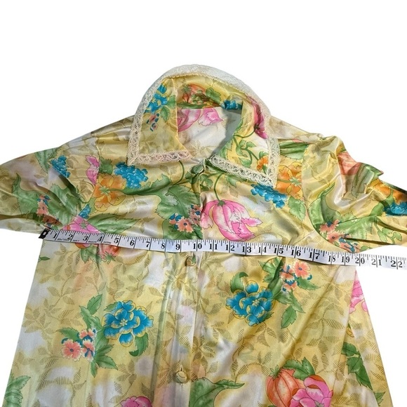 Vanity Fair 70s Vintage Yellow Floral Satin Robe Sz 34 Small Lace Pumpkin Fall - Picture 8 of 12